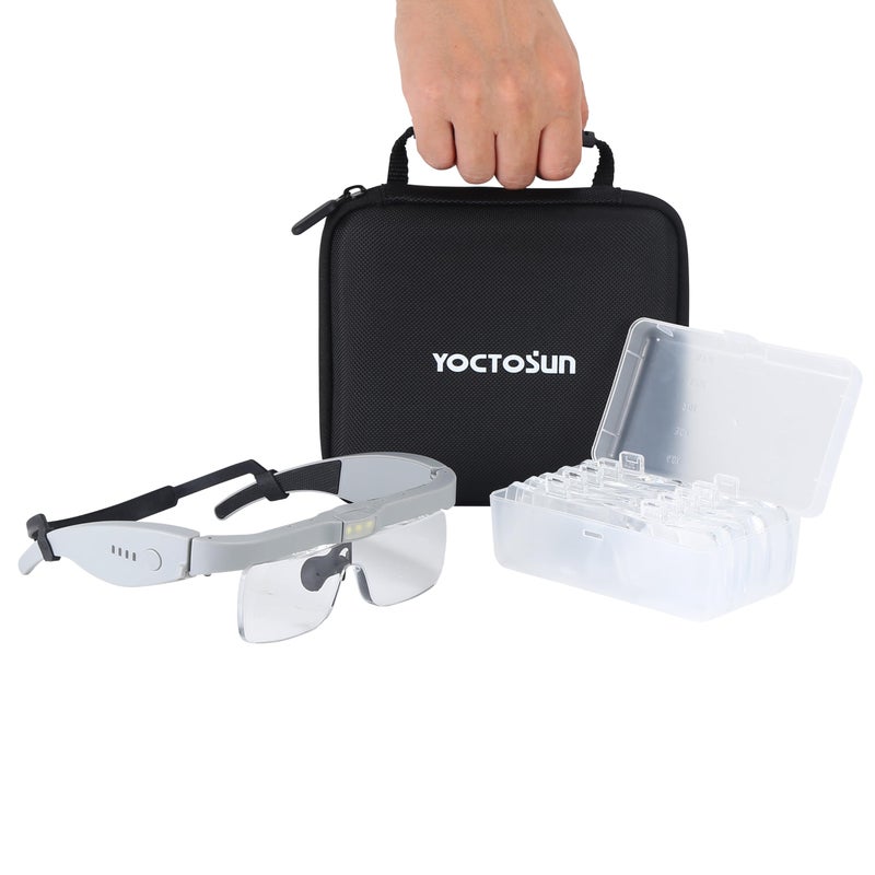 YOCTOSUN Head Magnifier Glasses with 3 LED Lights Storage Case Head Strap and 5 Detachable Lenses 075X125X20X30X 40X Hands Free Magnifying Glass for Close Work Hobby Crafts